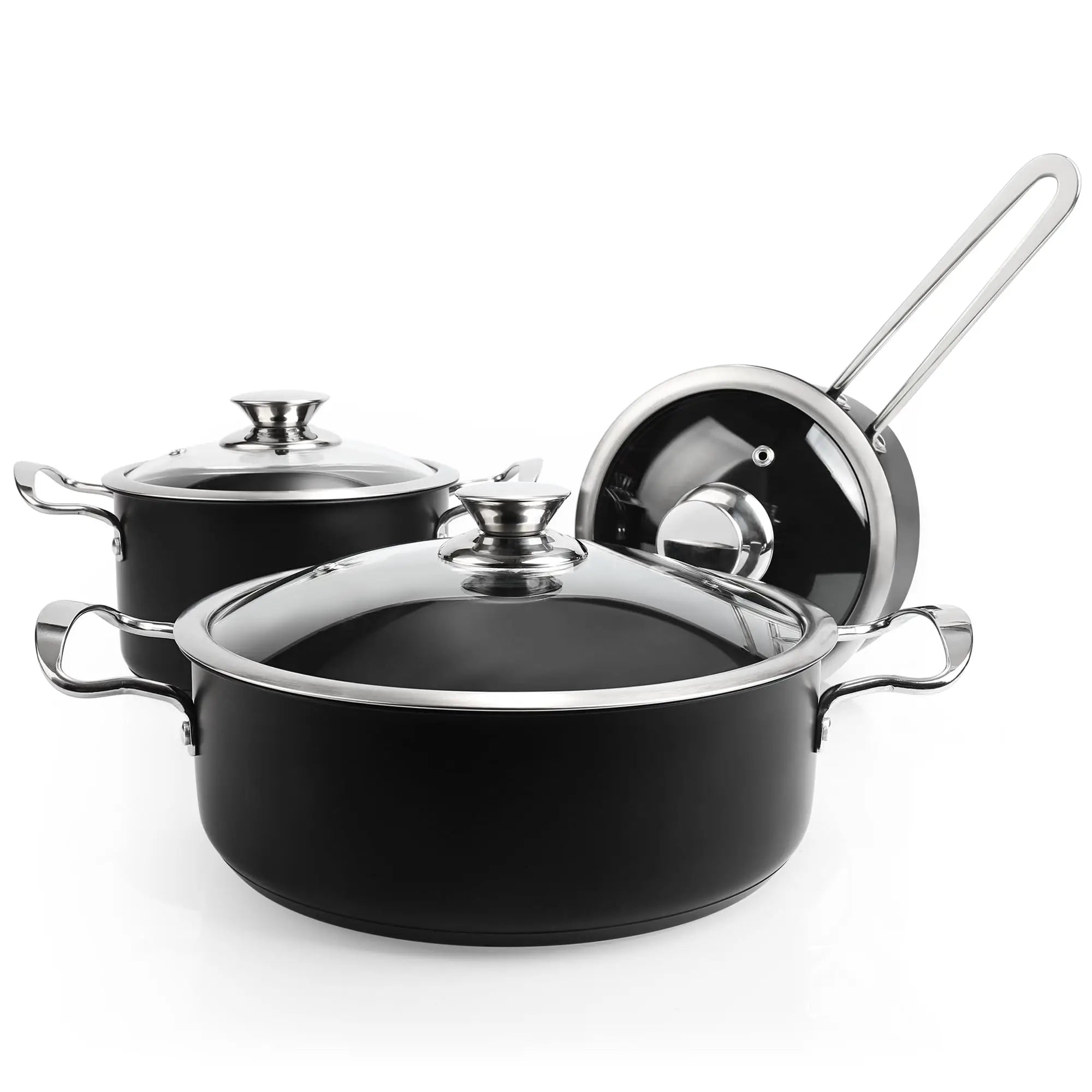 Non Stick Saucepans Stainless Steel Pot Set Kitchen Cookware Sets with Glass Lids Stay-Cool Handle Oven Safe Works Induction