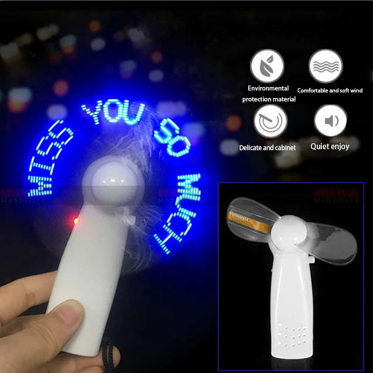 Wholesale Custom logo LED Blade Text Electronic Fan for Summer Wedding Favors Promotional Souvenir Gifts Rechargeable Battery