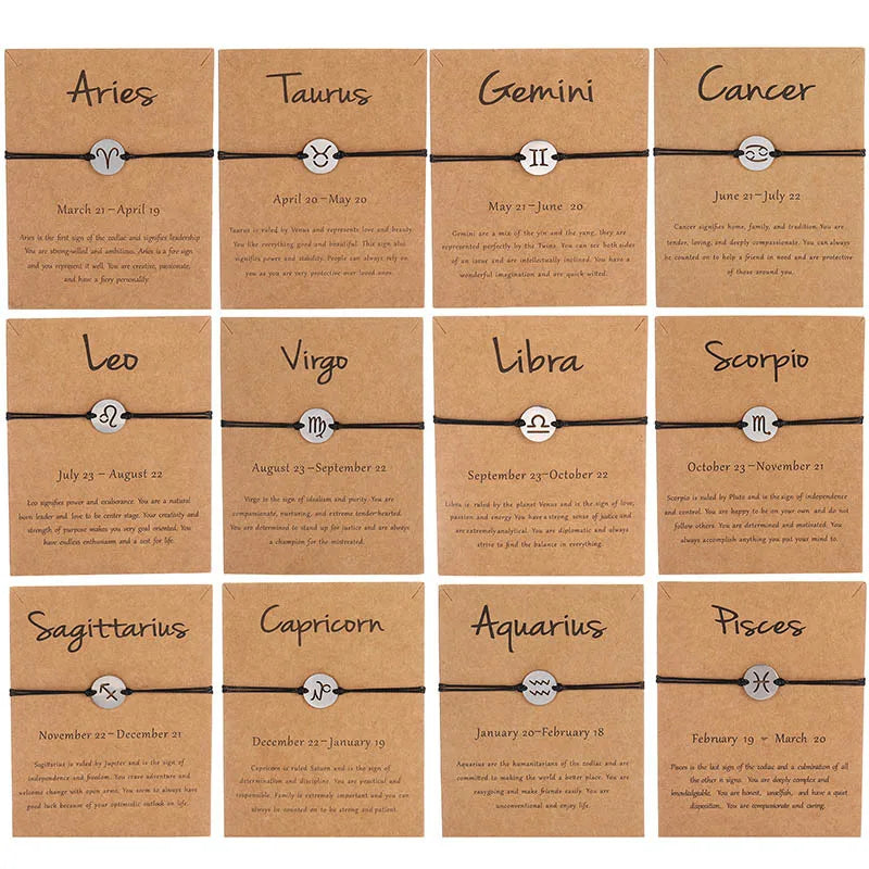 Stainless Steel 12 Zodiac Signs Cancer Leo Charm Bracelets for Women Men Birthday Gift for Her His Black String Rope Bracelet