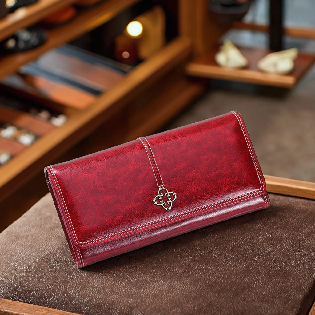Vintage Ladies Travel Purse Zip Around Clutch Thread Pattern Waterproof Oil Wax Leather Women Long Wallet
