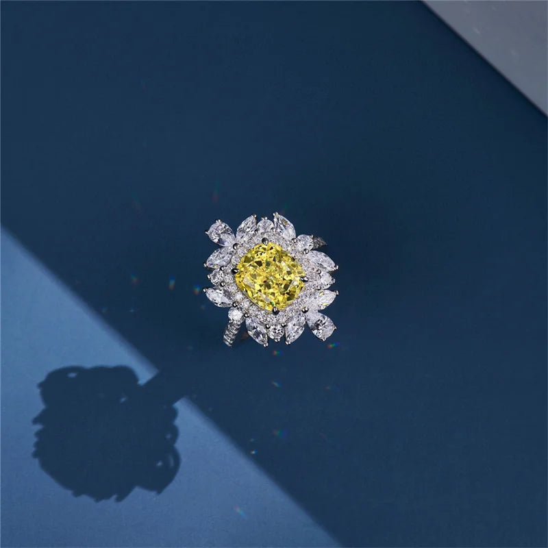 Aimgal Fine Jewelry 3ct LEB 8A Yellow High Carbon Diamond Cocktail Rings S925 Silver & Platinum Plating Trendy for Wedding Party