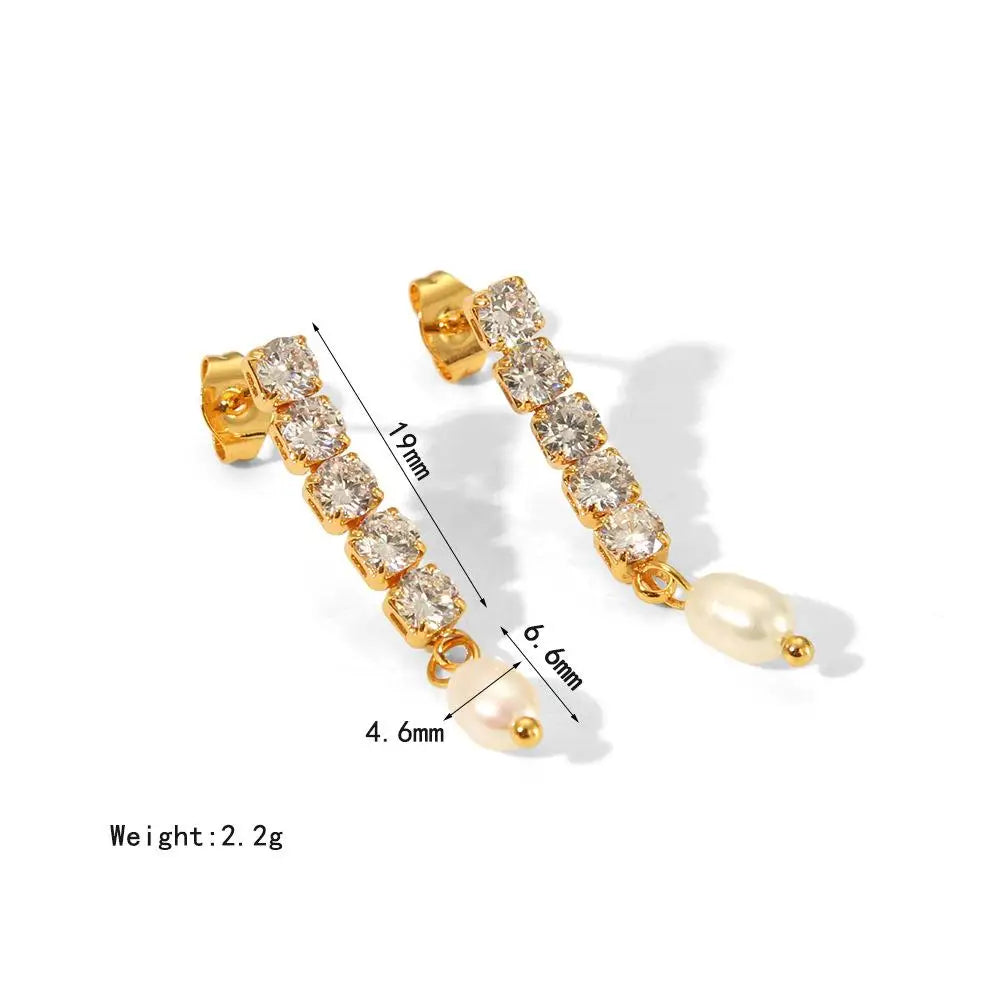 Fashion Light Luxury Freshwater Pearl Earrings Stainless Steel 18K Gold Zircon Chain Earrings Earrings MegaBDM