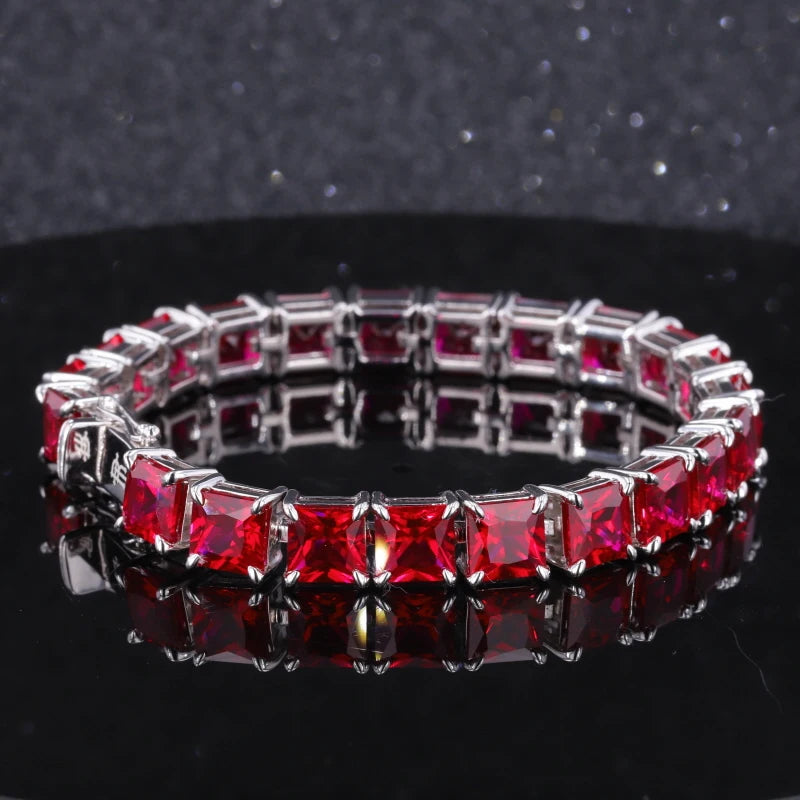 Starsgem Fine Jewelry Classic Hip Hop Synthetic Ruby 925 Sterling Silver Womens Tennis Chain Bracelet