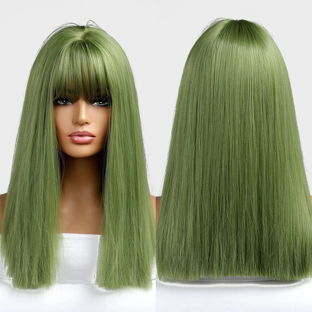 Factory Direct Sales Medium Long Green Hair with Neat Bangs Straight Shoulder Length Synthetic Wigs for natural hair wig