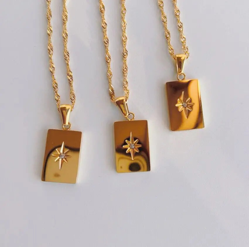 New Fashion Starburst Charm Necklace Stainless Steel 18K Gold Plated Dainty North Star Rectangle Necklace Jewelry for Gifts