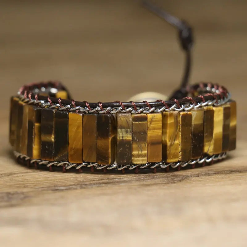 Bohemian Tiger Eye Bracelet for Women Fine Jewelry Vintage Leather Wrap Natural Gemstone Beaded Bracelet