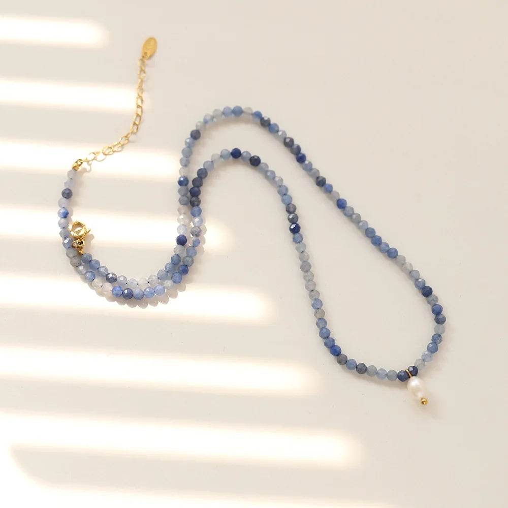 Waterproof Gold Plated Stainless Steel Beaded Necklace Vintage Blue Natural Stone Freshwater Pearl Pendant Necklace for Women