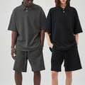 330 Gsm Two Piece Unisex Blank Waffle Tee T-shirt Custom Logo Men Heavy Weight Polo Waffle Knit Oversize T Shirt and Shorts Sets