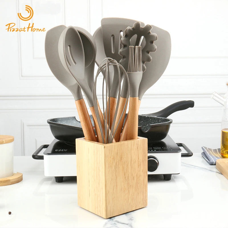 Wooden Handle Silicone Kitchenware Non-stick Cookware Kitchenware Set  Spoon Spatula Cooking Spatula Spoon Tool Utensils