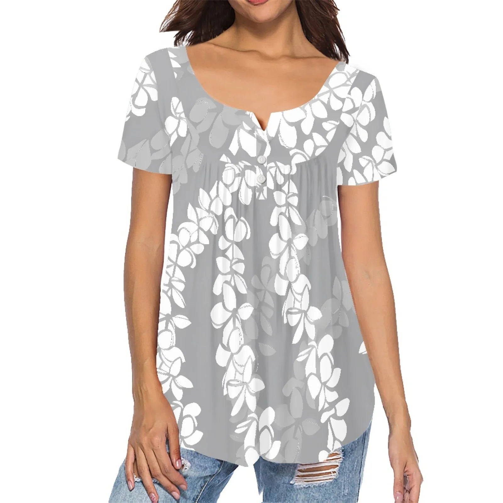 Lovely Gray Tunic Tops With Flowers Printing Custom Hawaiian Style Women Plus Size T Shirts Short Sleeve Casual Graphic Tee Tops