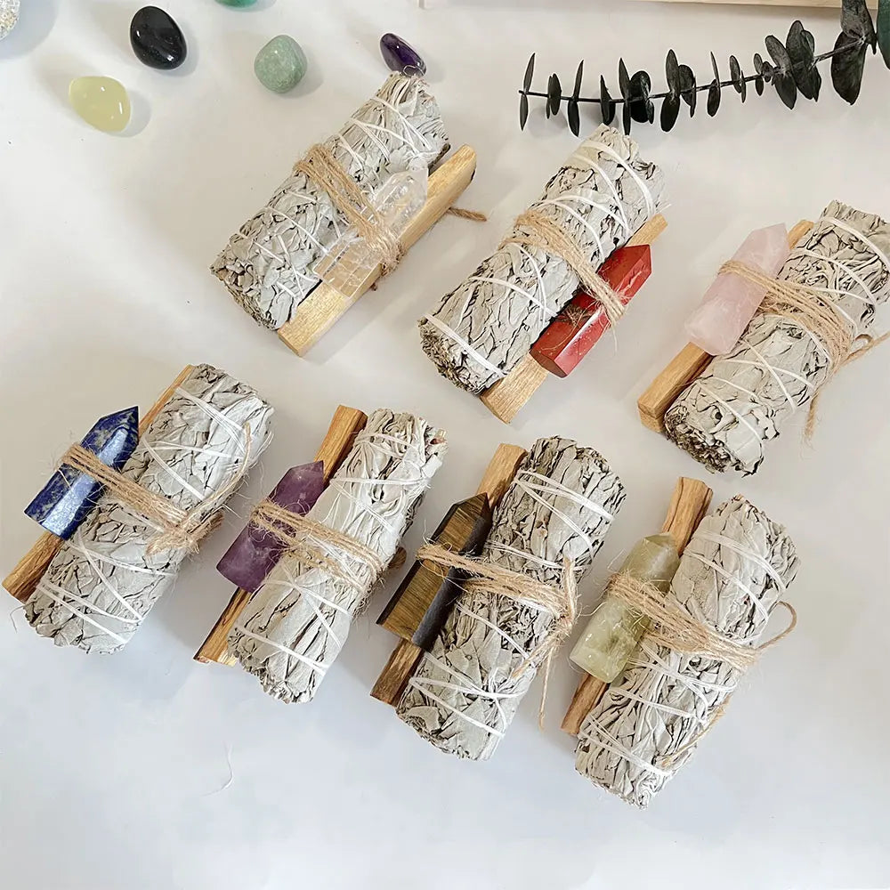 Sage Smudge Kit Crystal Tower Wand Crystal Point Palo Santo Stick Handmade Healing Energy Home Cleansing White Sage Wholesale