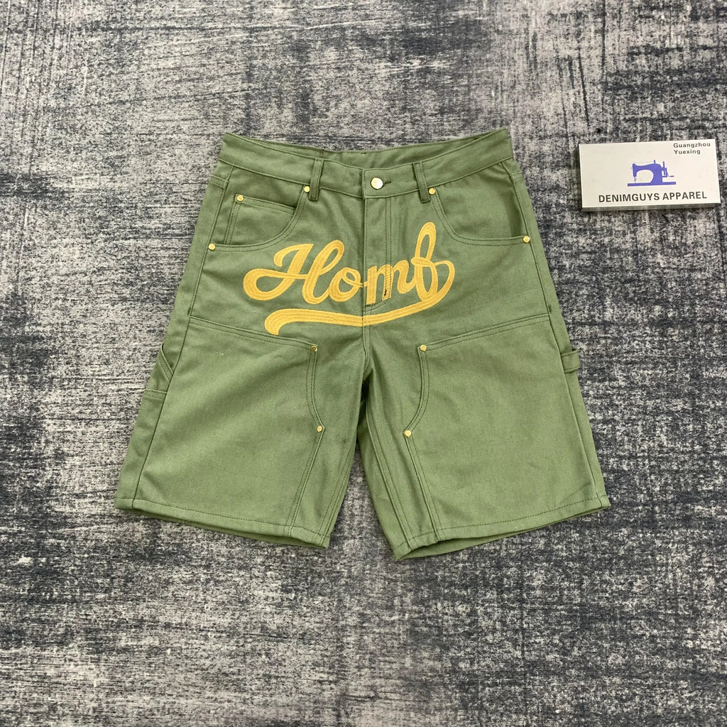 DENIMGUYS Custom Men's Y2k Streetwear Embroidery Carpenter Jorts Vintage Washed Cargo Denim Jean Shorts for Men