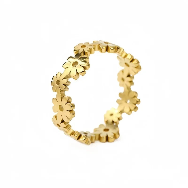 Elegant Stainless Steel 18K Gold Plated Daisy Hollow Sunflower Ring for Women's Index and Tail Finger
