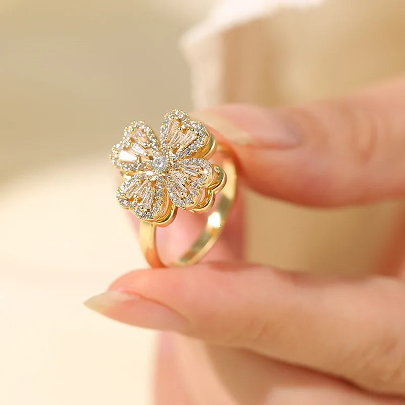 Hot Selling Fashion Jewelry Diamond Adjustable Ring Ladies Jewelry Double Layer Rotating Women Crystal Gold Leaf Clover Ring