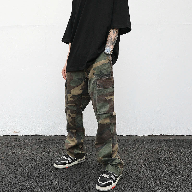 Custom Label Trousers for Men Drop Ship  Men Streetwear Stock Camo Cargo Flare Trousers Pants