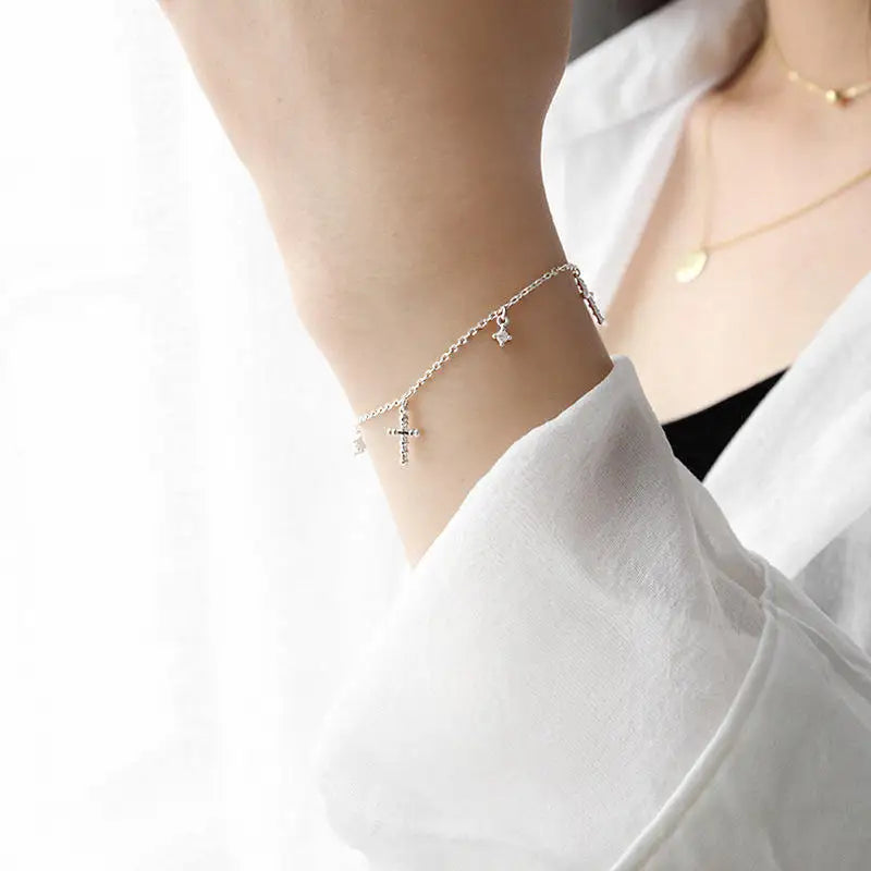 Wholesale Trendy S925 Sterling Silver 18k Gold Plated Cross Zircon Charm Pendant Tassel Bracelets for Women-Gift & Party Jewelry