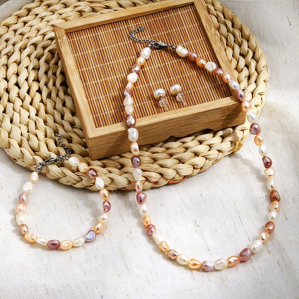Luxurious Elegant Bohemian  Pearl Jewelry Natural Irregular Freshwater Pearl Necklace Bracelet Earrings Set