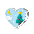 Christmas Present 925 Sterling Silver Heart Shape Bead Christmas Tree Pattern Charms for Women Bracelet Enamel Jewelry Making