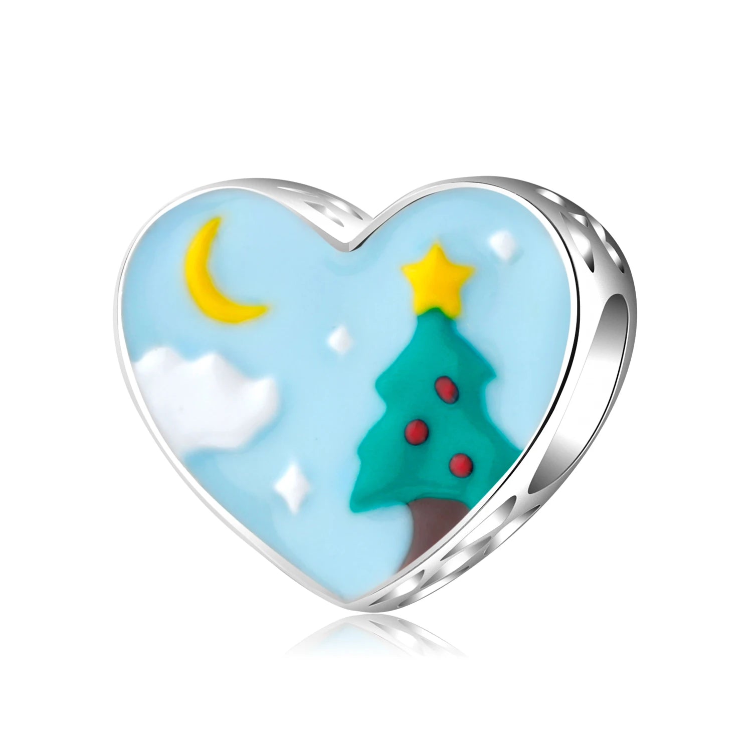 Christmas Present 925 Sterling Silver Heart Shape Bead Christmas Tree Pattern Charms for Women Bracelet Enamel Jewelry Making
