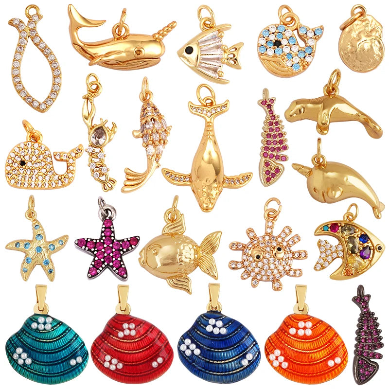 Blue Ocean Shell Animal Pendant Dolphin Tropical Fish Bone Seastar Shrimp 18K Gold Plated Zircon Findings Mainly Made Brass