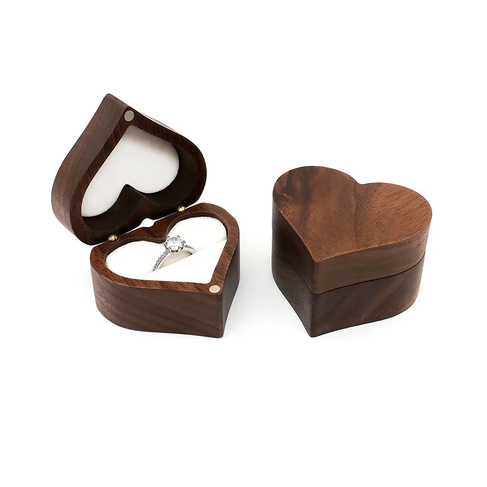 Wood Black Walnut Heart Wedding Luxury Polished Sustainable Engagement Ring Box Jewelry Packaging