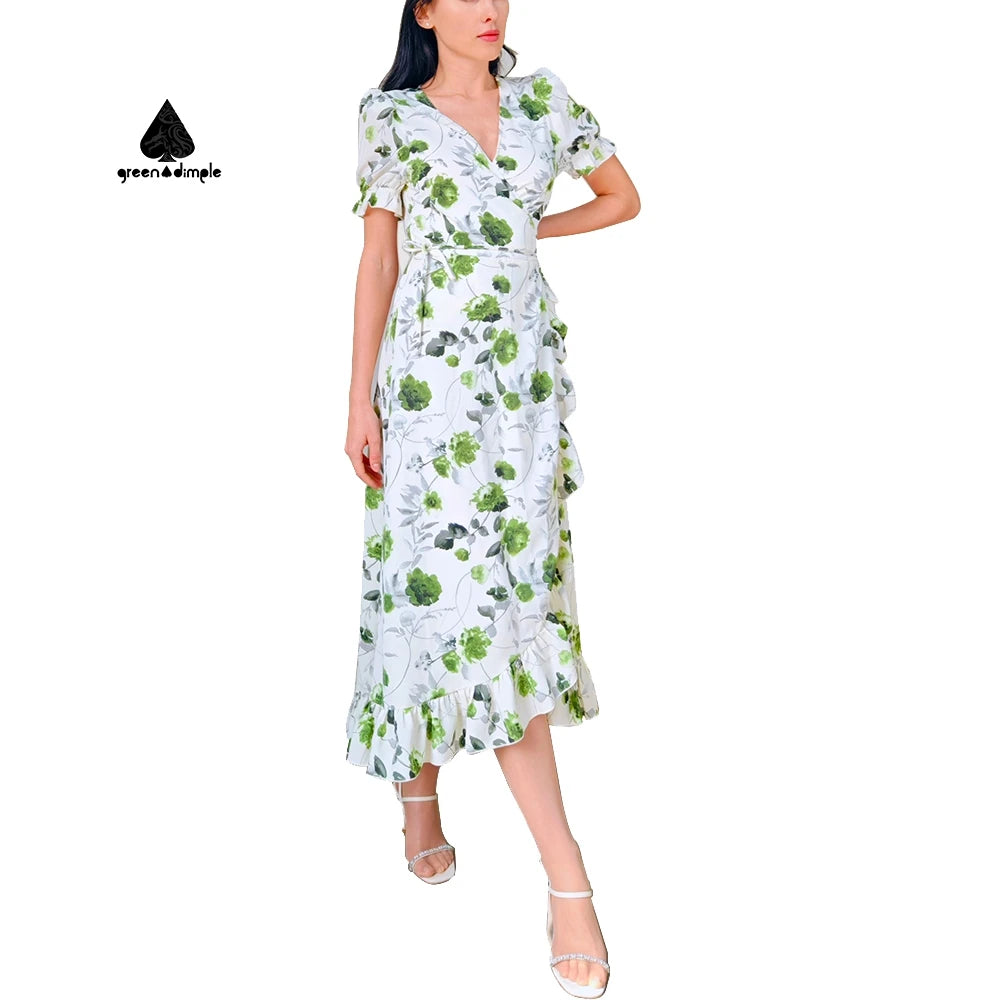 GREEN DIMPLE Custom Wholesale Summer Maxi Long Skirt Plus Size Casual Women's Clothing Elegant Fashion Ruffle Floral Beach Dress