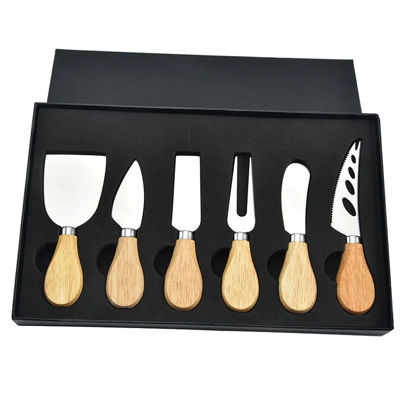 6-Piece Cheese Butter Knife Set with Stainless Steel Acacia Wood Handle Kitchen Slicer Baking Tools Wholesale with Gift Box