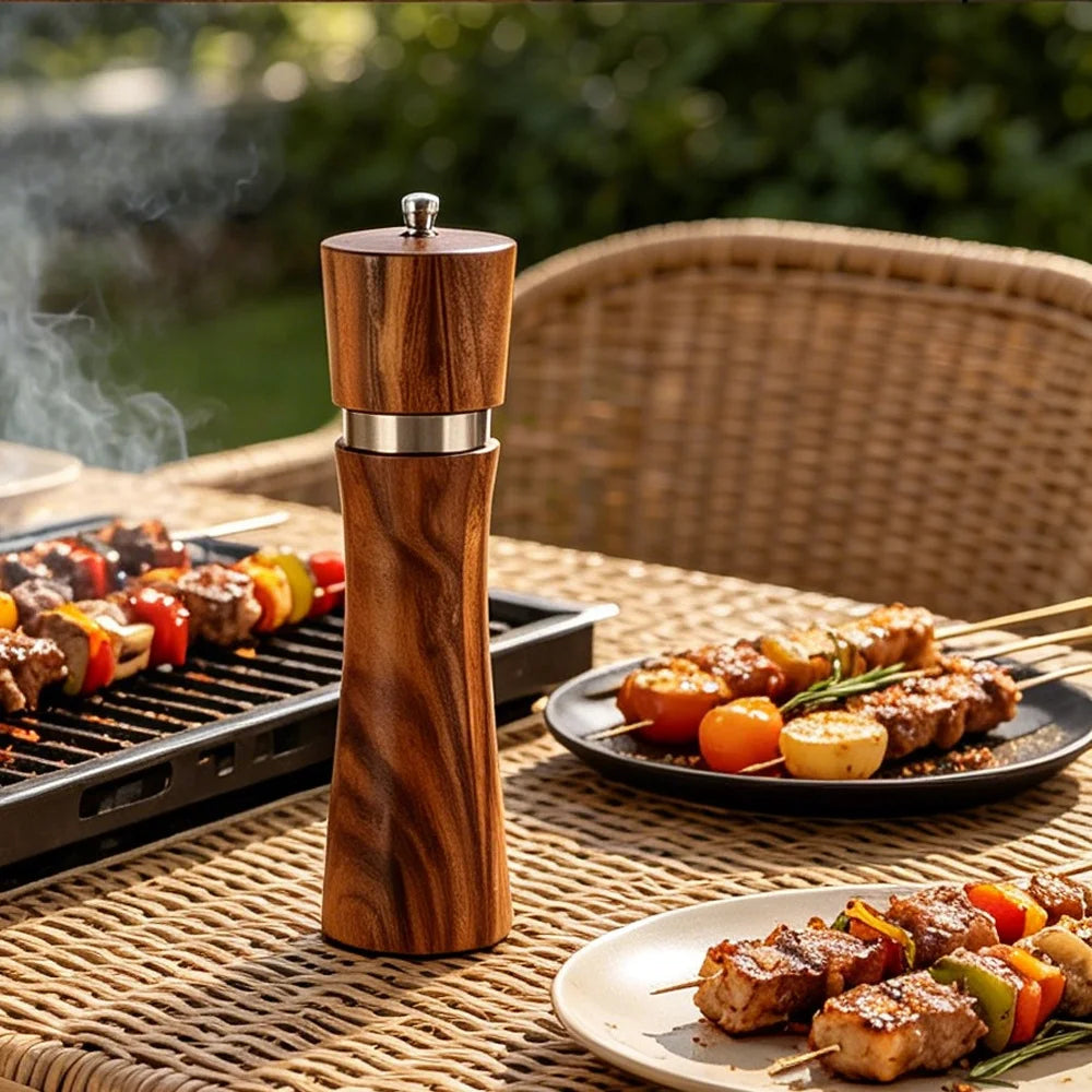 Houselin High-Grade Acacia Wood Salt & Pepper Mill Slim Household New Style Metal Ring Hot Selling in European Market