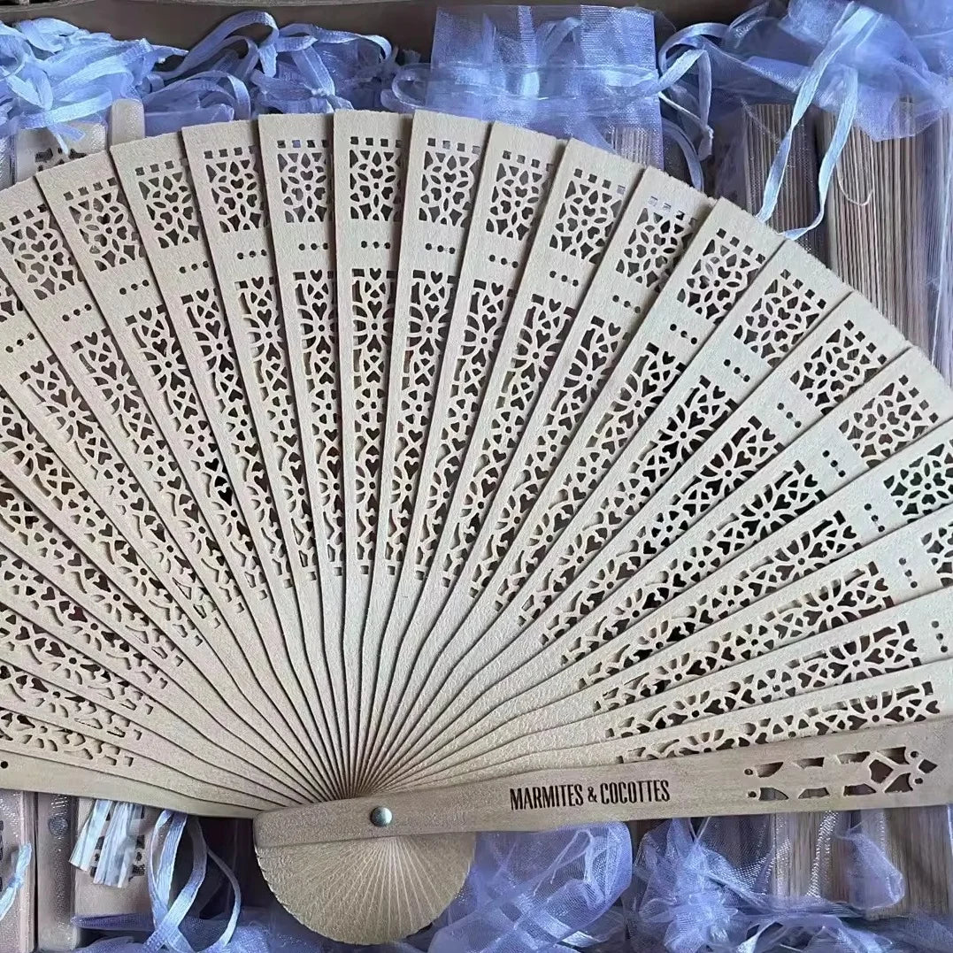 Wholesale Personalized Chinese Sandalwood Wooden Folding Fan Engraved Names and Date for Weddings