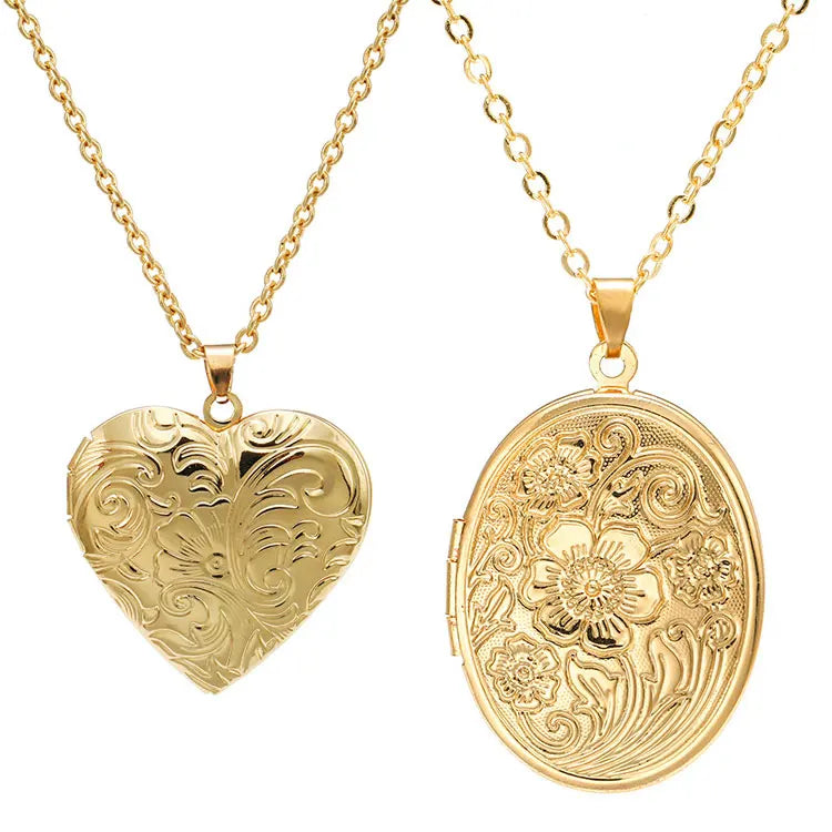 Wholesale Openable Oval Shell Heart Shaped Locket Necklace DIY Anniversary Gift Retro Carved Flower Photo Frame Pendant Necklace