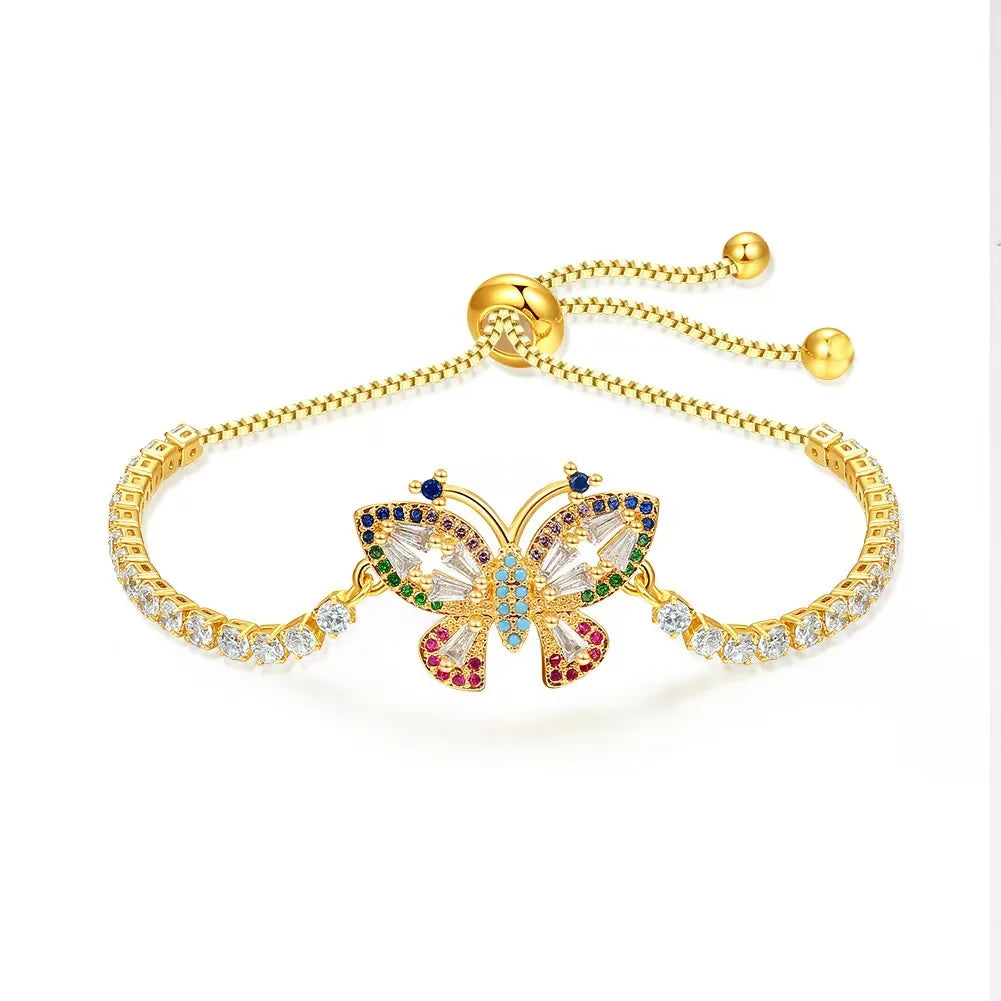 2025 New 18K Gold-plated CUBIC ZIRCONIA TENNIS Adjustable Bracelet Shiny Colorful Zircon Butterfly Bracelet