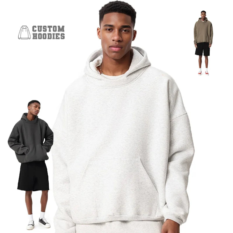 Custom Brand Logo Hoodies Luxury 380Gsm 100% Cotton Oversized 380Gsm Heavyweight Hoodie for Men Casual Streetwear Solid Hip Hop