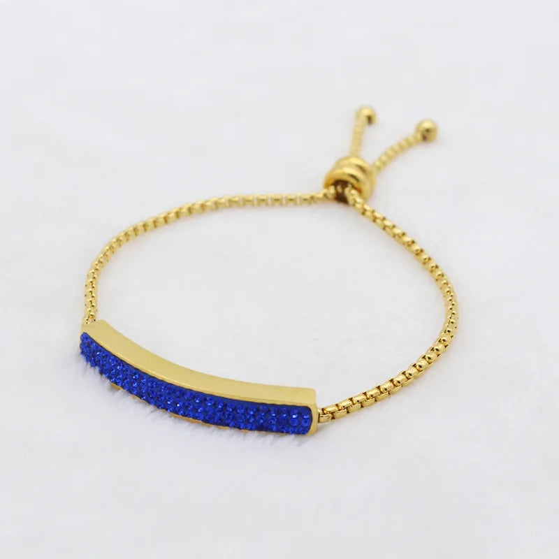 Stainless Steel Gold Plated Zircon Crystal Beads Paving Curved bar Charm Adjustable Bangle Bracelet Women Jewellery Bracelets