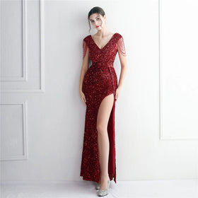 19261# Handmade Beaded Party Style Split Long Short Sleeve Sequin Fishtail Dress
