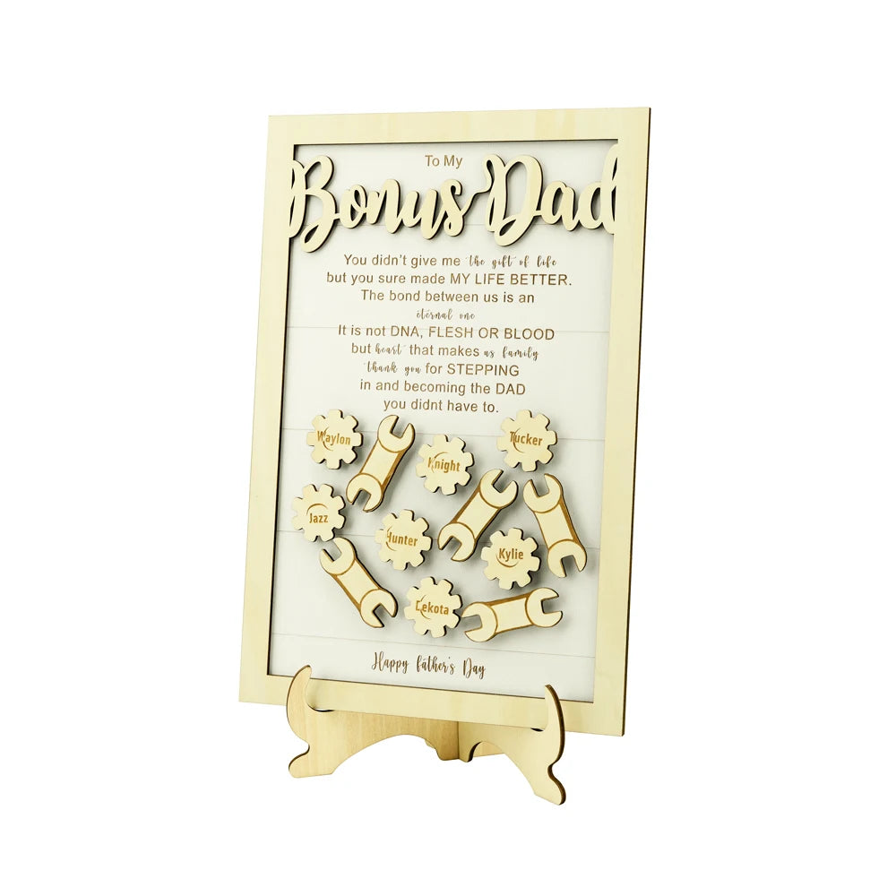 TO MY Bonus Dad Gifts 12 Stickers Gear Wrench 3D Personalize Names Wooden Plaque Custom Names Wood Sign Desk Decor