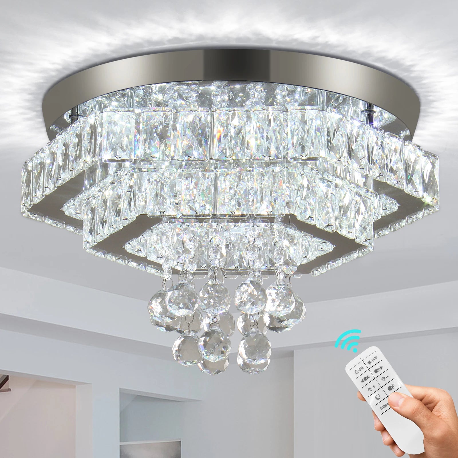 Dimmable Square Design K9 Crystal Chandelier LED Crystals for Living Room Bedroom Home Decor with Remote Control
