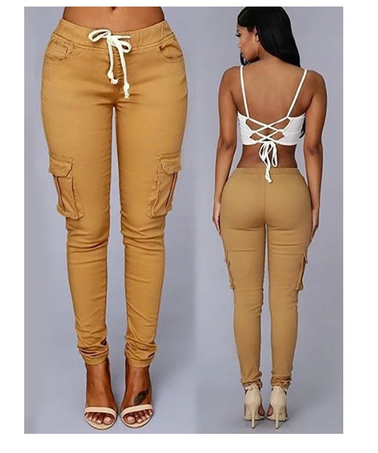 Wholesale Autumn Fashion Ladies Streetwear Multi Pocket Cargo Pants Drawstring Women Stretch Jogger Pants