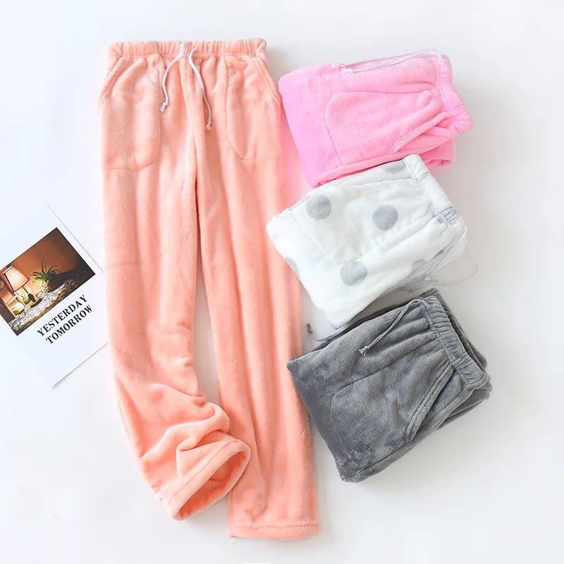Custom Low Moq Personalized Logo Women's Pajama Pants 100% Polyester Flannel Plain Lounge Pants Bottoms