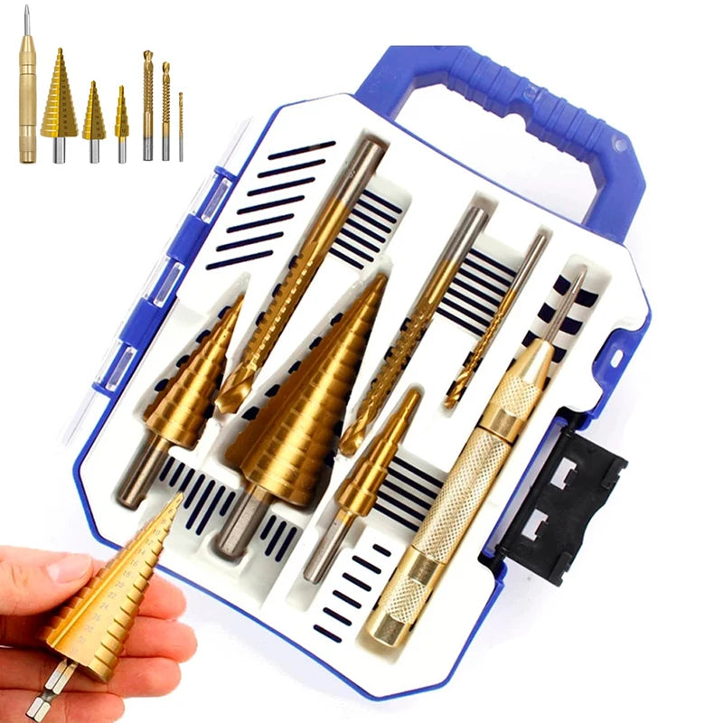 HSS Step Drill Bit Sets Straight Groove Titanium Coated Cone Hole Cutter Auto Center Punch Spiral Twist Saw Drill Bit