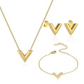 Waterproof Stainless Steel Gold Accessories Wholesale Classic V-Shape Pendant Necklace Earrings and Bracelet Jewelry Set