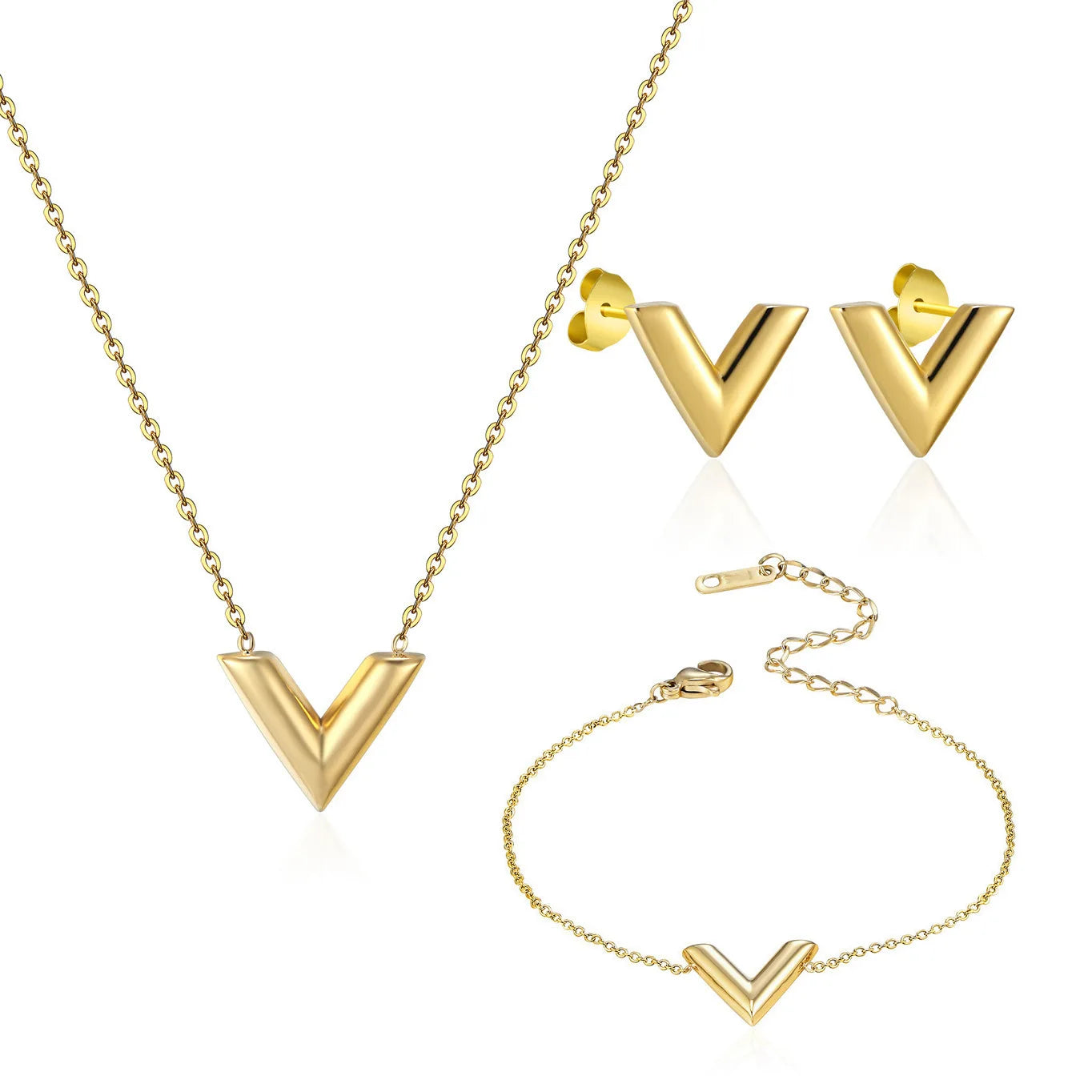 Waterproof Stainless Steel Gold Accessories Wholesale Classic V-Shape Pendant Necklace Earrings and Bracelet Jewelry Set