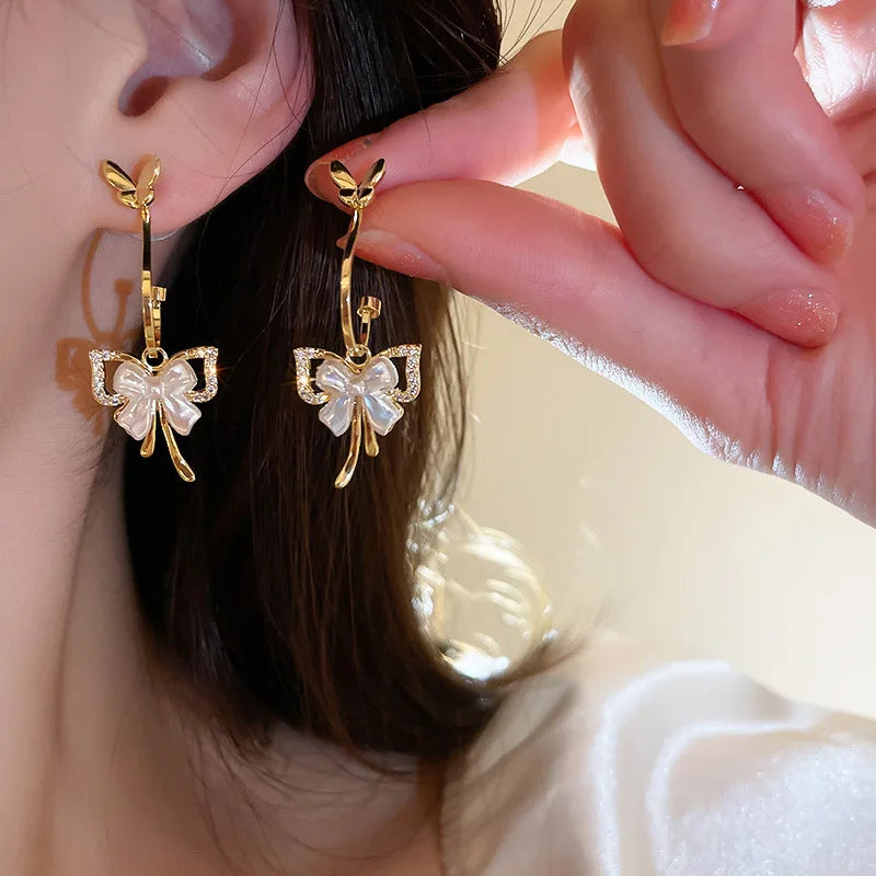 14k 2022 New Fashion Bowknot Long Tassel Butterfly Inlaid Zircon Shaped Shiny Butterfly Stud Earrings Party Jewelry Gifts