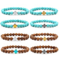 Natural Gemstone Bracelet Elastic Handmade Natural Wenge Lava Turquoise Stone Bead Cross Bracelet for Men Women 8mm