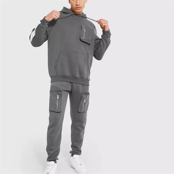 Custom Logo Grey Fleece Sweat Suits for Men Plus Size Quick Dry Cargo Joggers with Pocket Fashion Tracksets Set