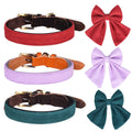 Engravable Luxury Bowtie PU Genuine Leather Dog Collar and Leash with Solid Pattern Bow Tie Personalized Brand Diving Cloth