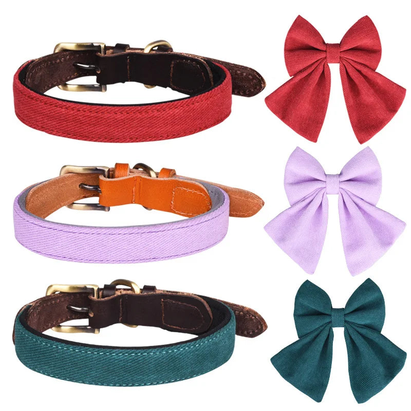 Engravable Luxury Bowtie PU Genuine Leather Dog Collar and Leash with Solid Pattern Bow Tie Personalized Brand Diving Cloth