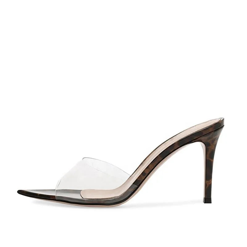 2020 Tailingjia Transparent Clear PVC Peep Toe Stiletto Leopard Print for Women High Heels Summer Slide Sandals Mules Large Size
