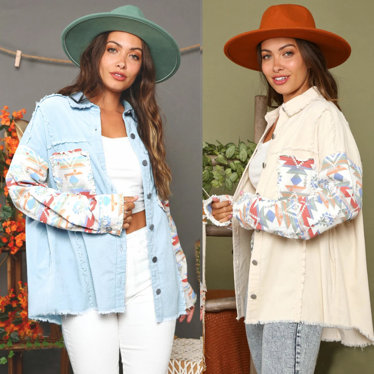 2025 Wholesale Custom Womens Denim Jacket Aztec Vintage Western Print Distressed Raw Fringe Long Jean Coat Autumn Washed Button