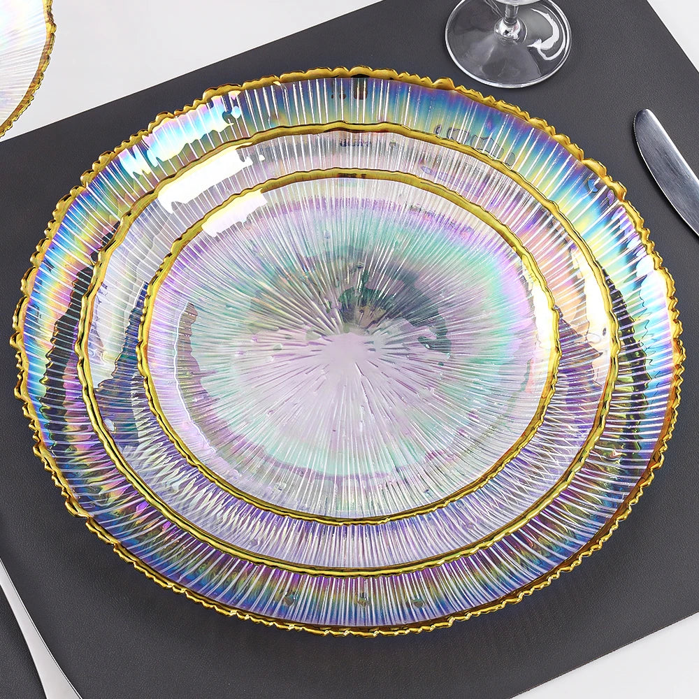Wholesale Crystal Rainbow Clear Gold Rim Glass Dessert Salad Dinner Charger Plates Bowls Dinnerware Sets for Party Wedding Hotel