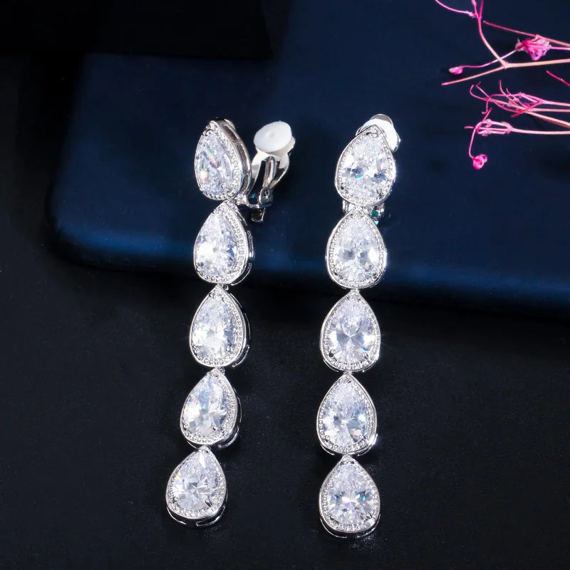 Non Piercing Ear Design Long Dangle CZ Crystal Clip on Earrings No Pierced Women Wedding Party Costume Jewelry